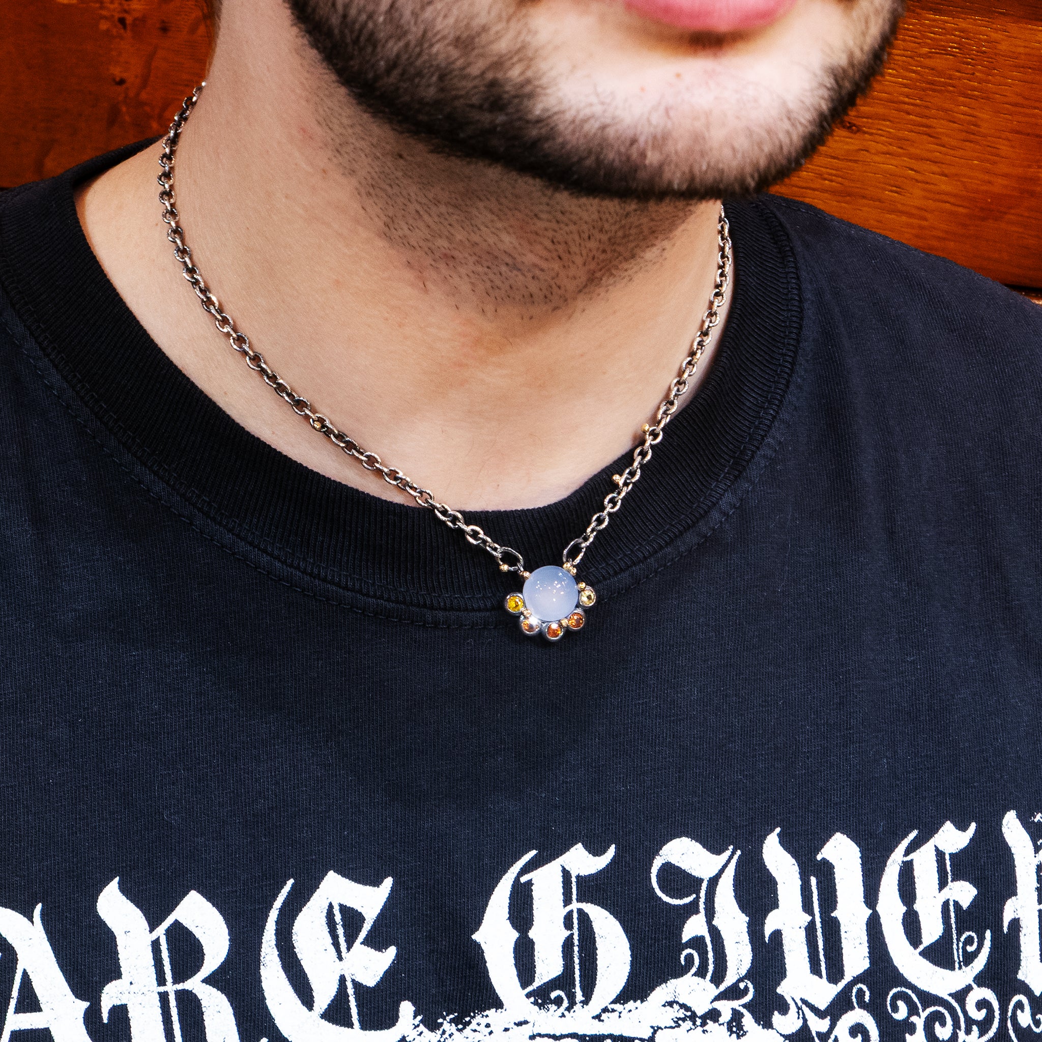Blue Chalcedony and Sapphire Silver and Gold Necklace