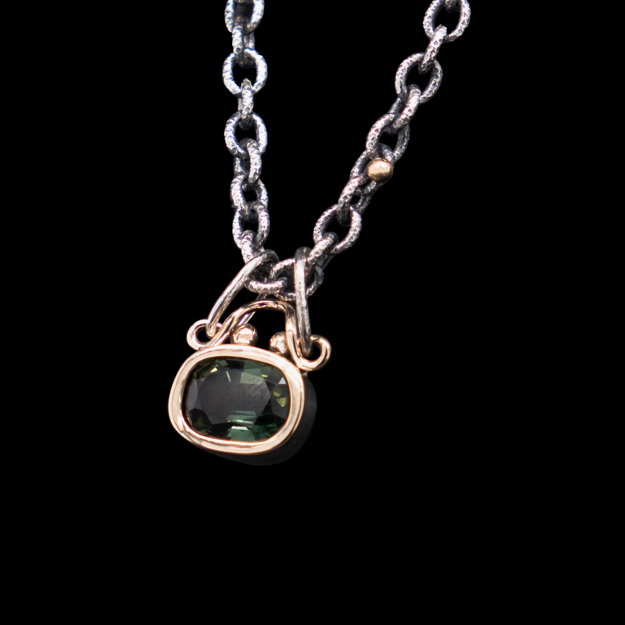 Green Tourmaline Silver and Gold Necklace