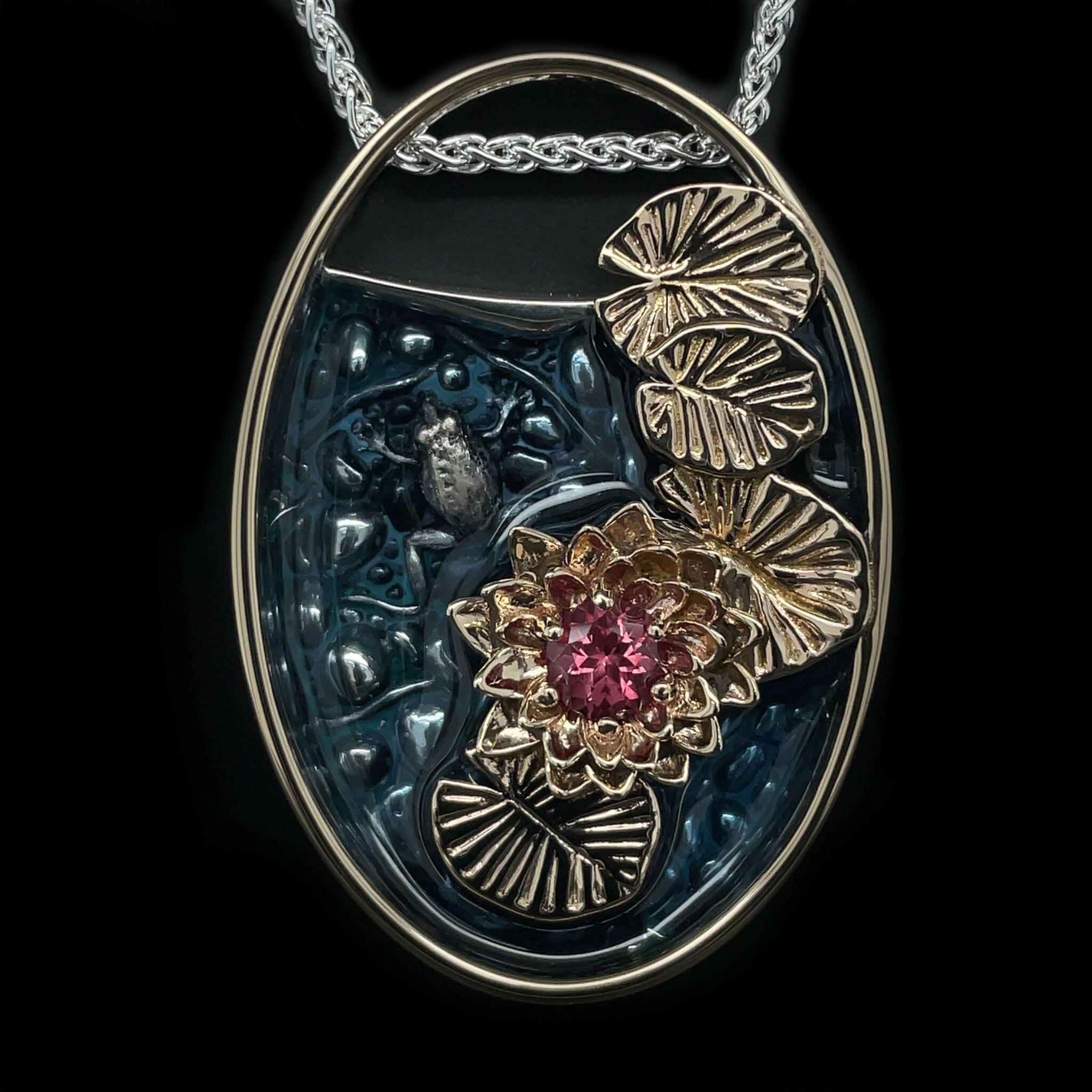 One of a kind waterlily necklace with frog and lab grown sapphires