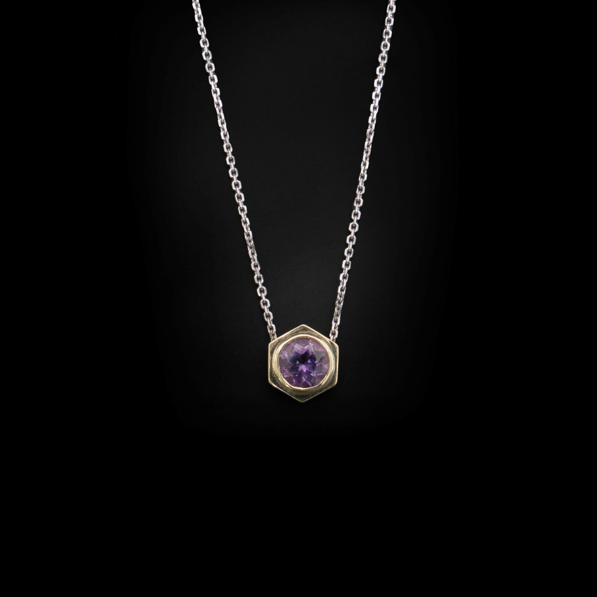 front view of bolt pendant with amethyst