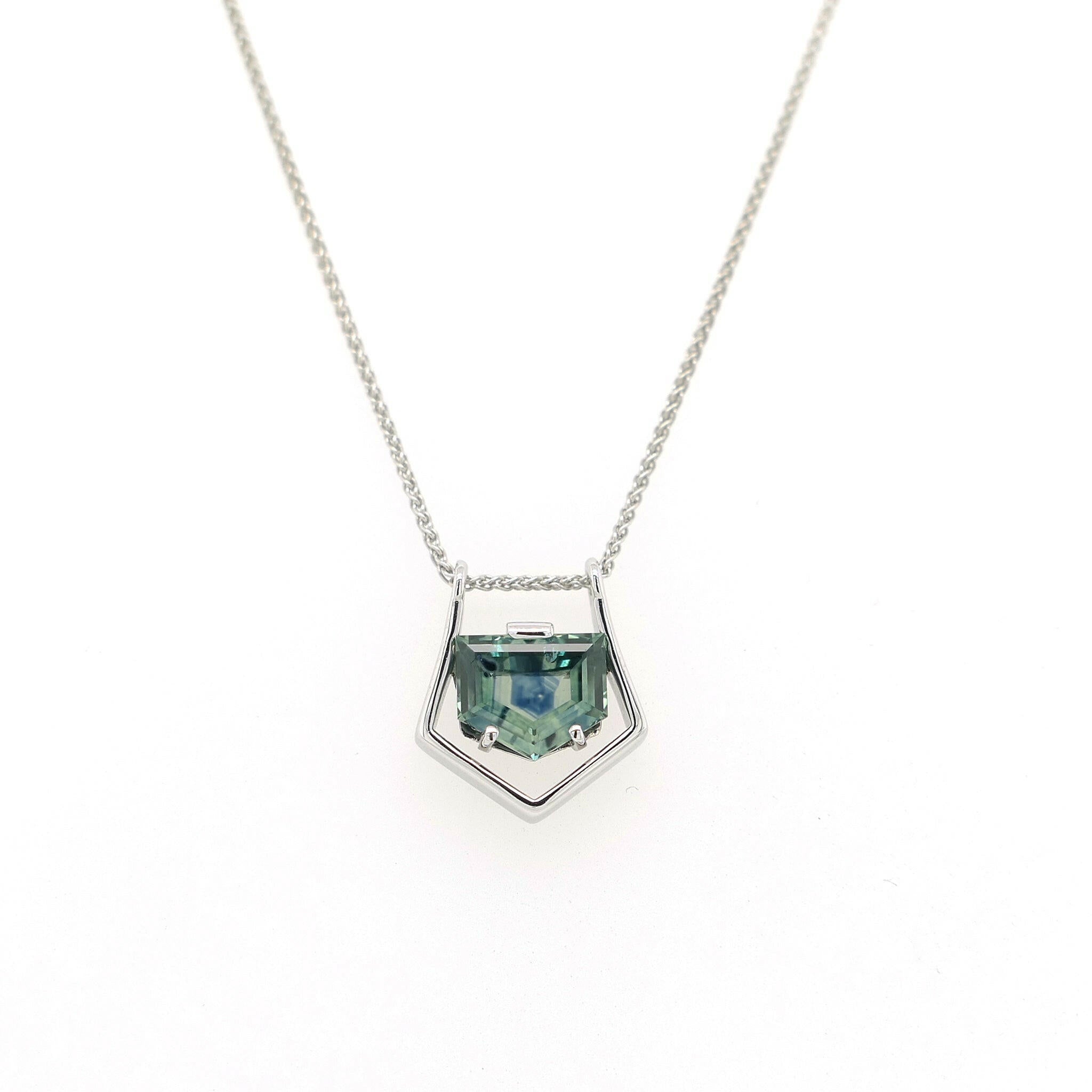 white gold necklace with blue-green montana sapphire pendant