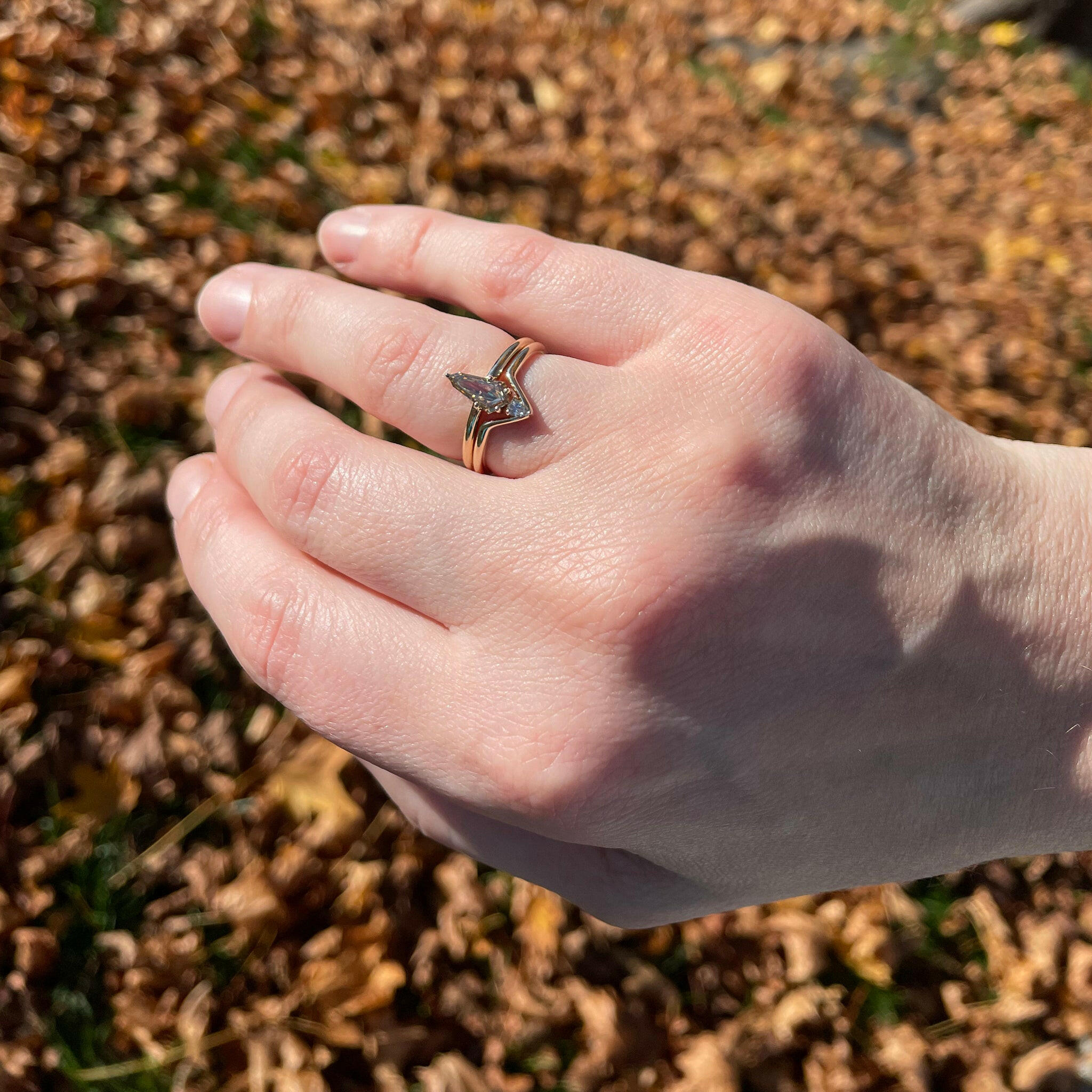 yellow gold kite shaped diamond engagement ring
