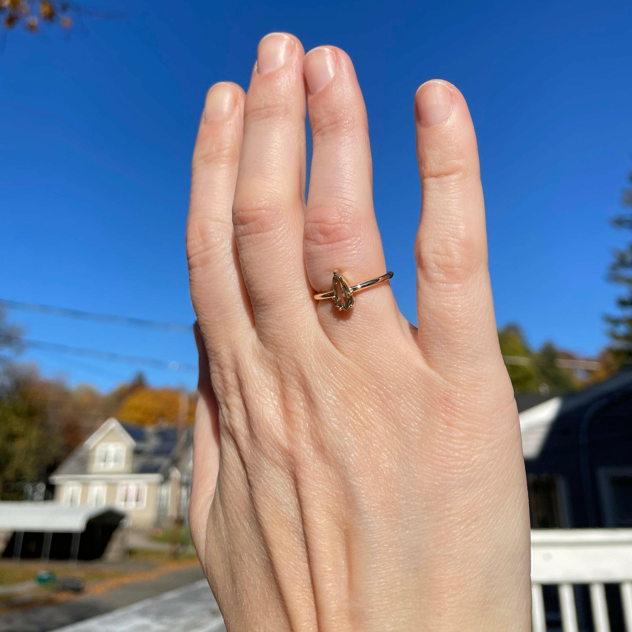 champagne salt and pepper kite shaped diamond yellow gold ring
