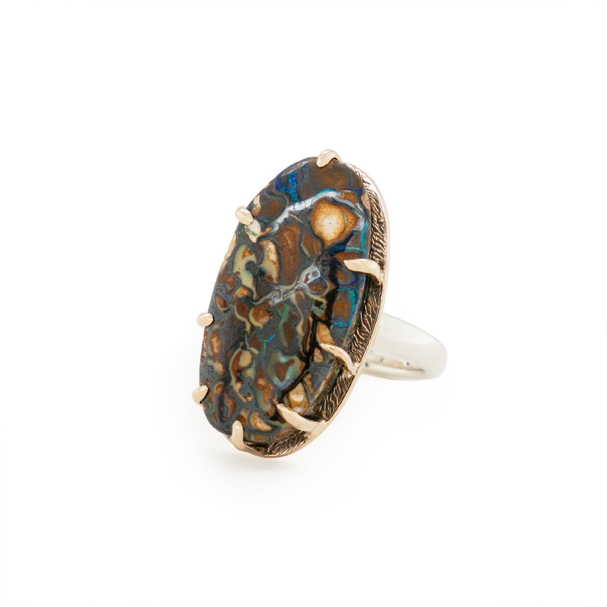 Boulder opal two tone ring