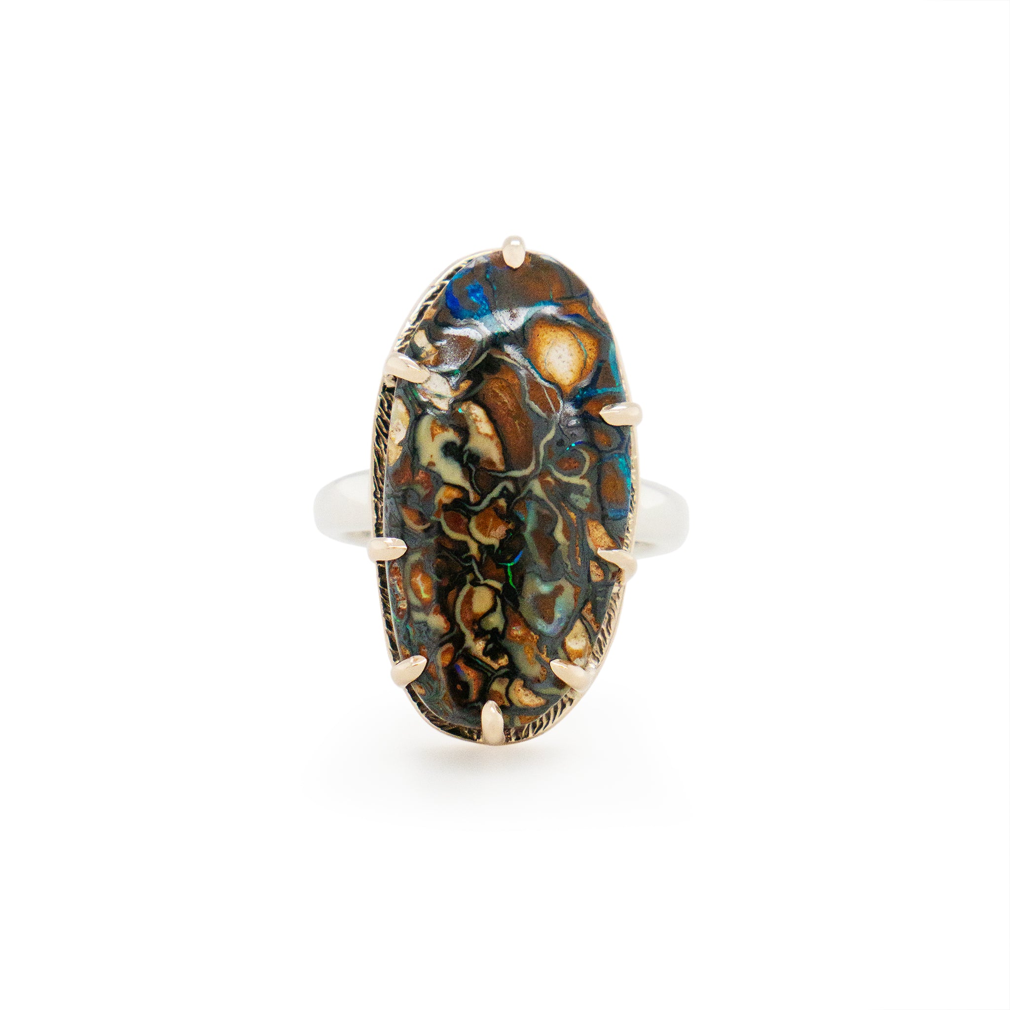 Boulder opal two tone ring