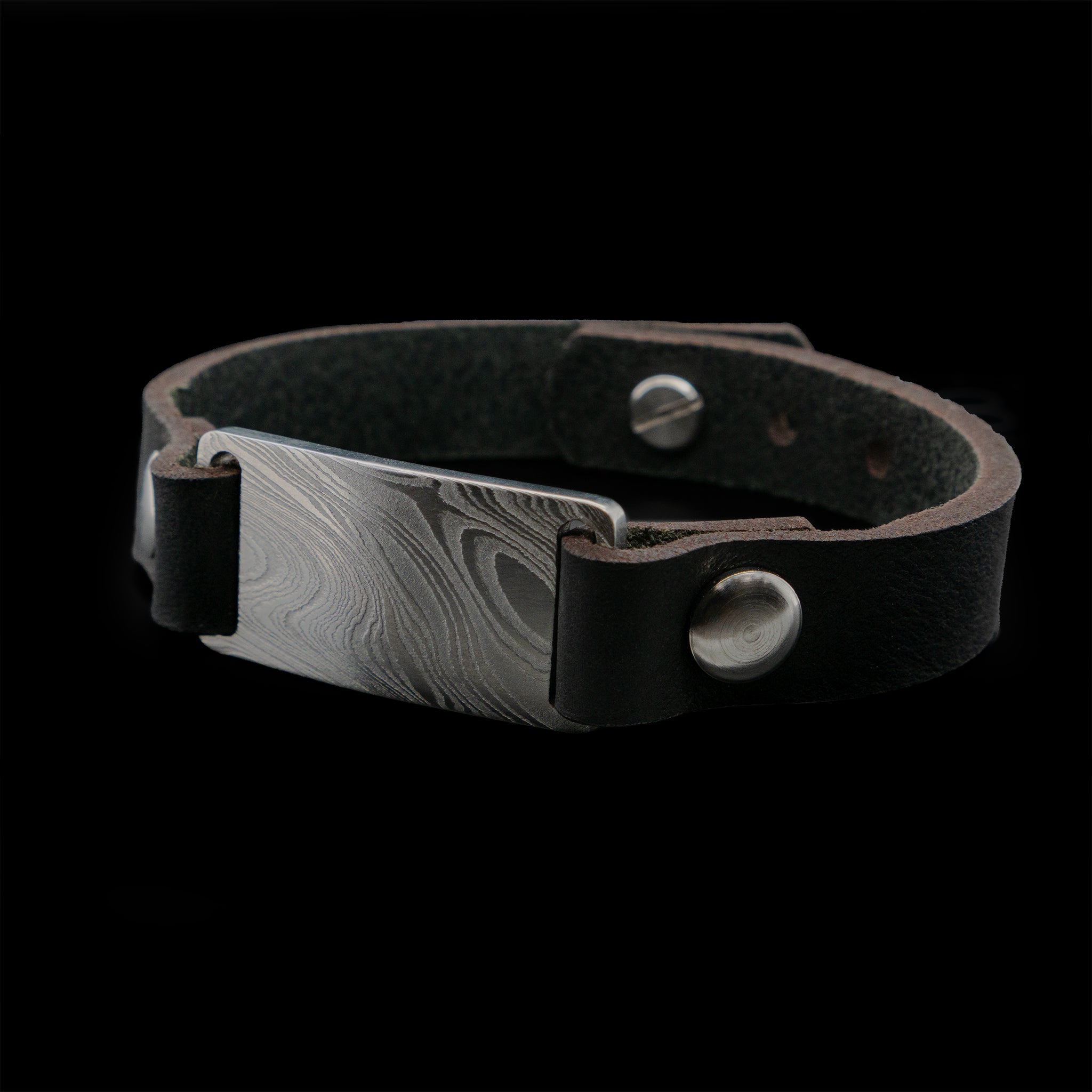 Chris Ploof Damascus Dog Tag Bracelet With Cowhide Leather Straps