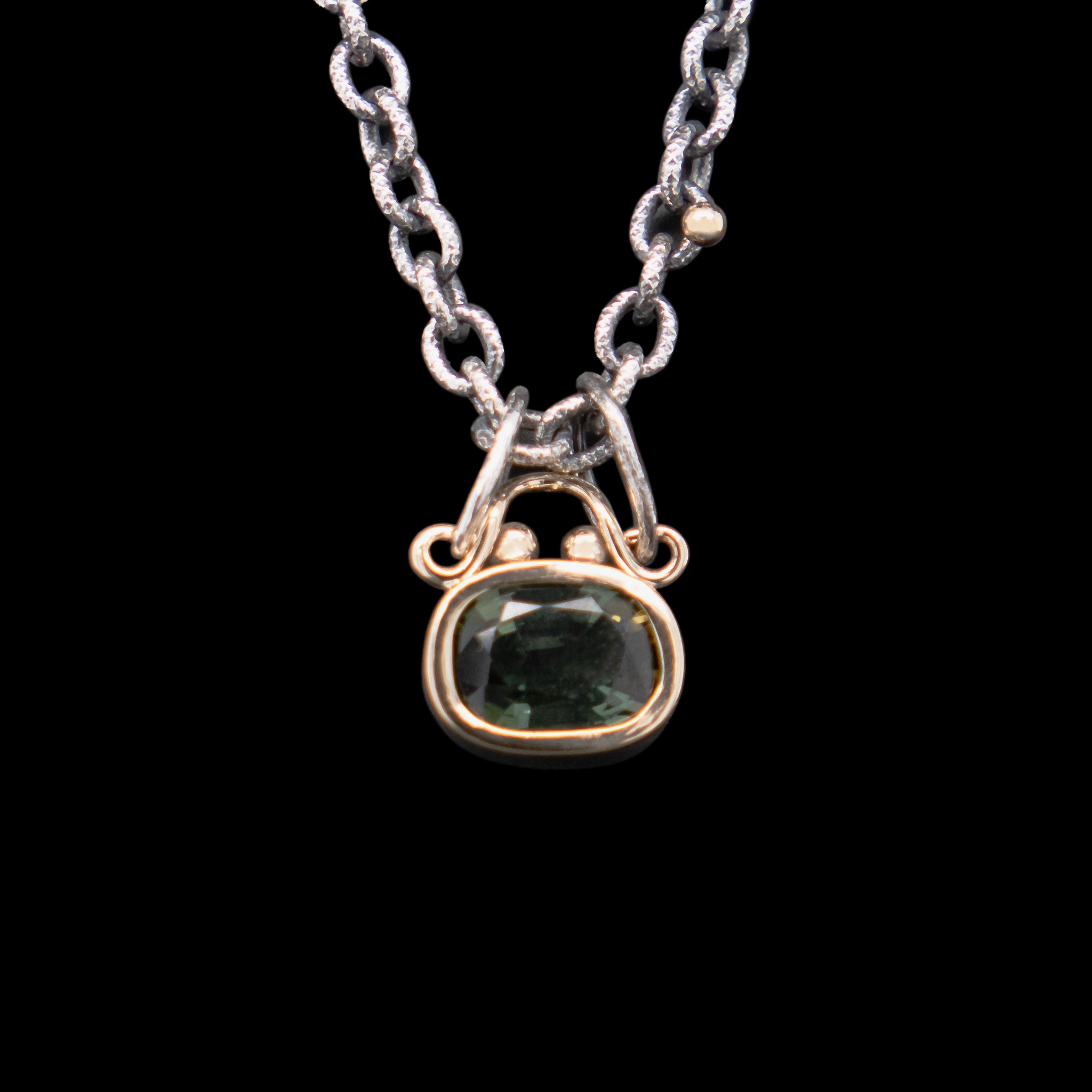 Green Tourmaline Silver and Gold Necklace