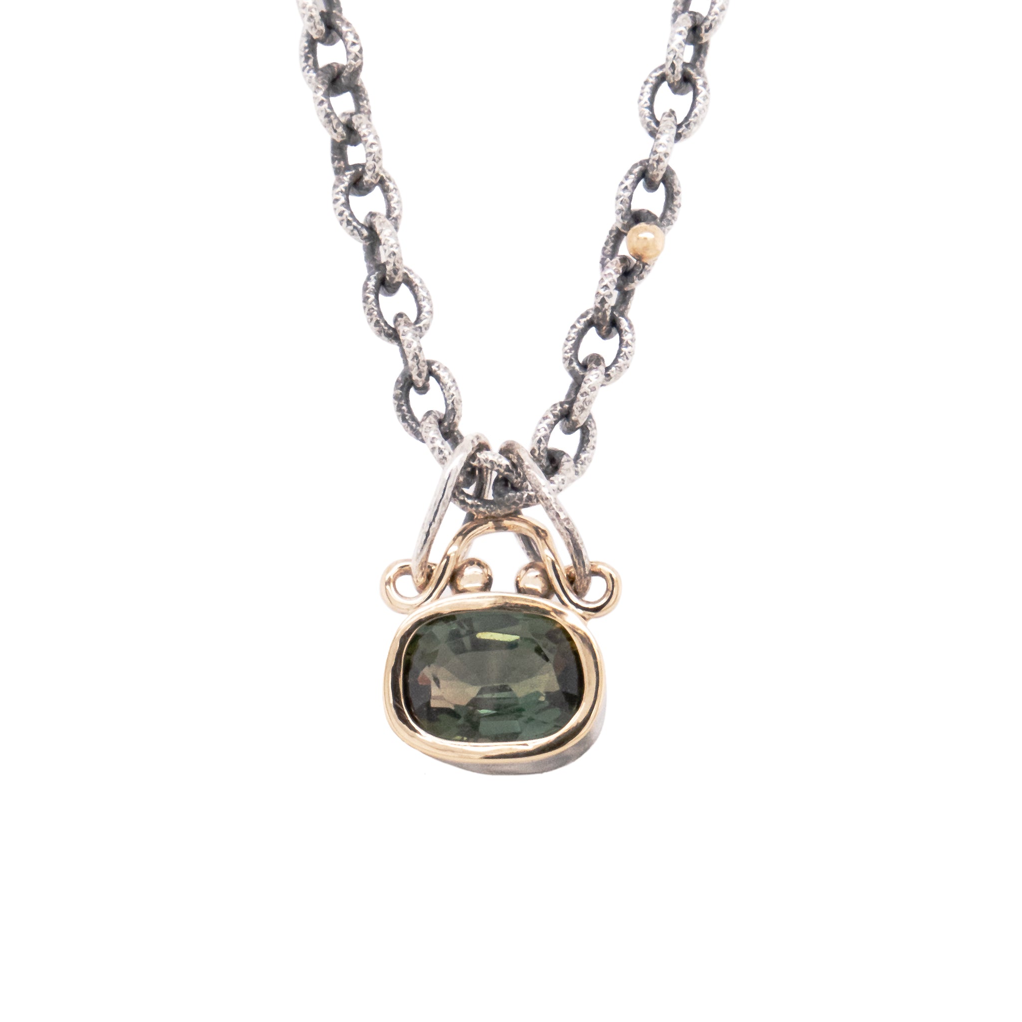Green Tourmaline Silver and Gold Necklace